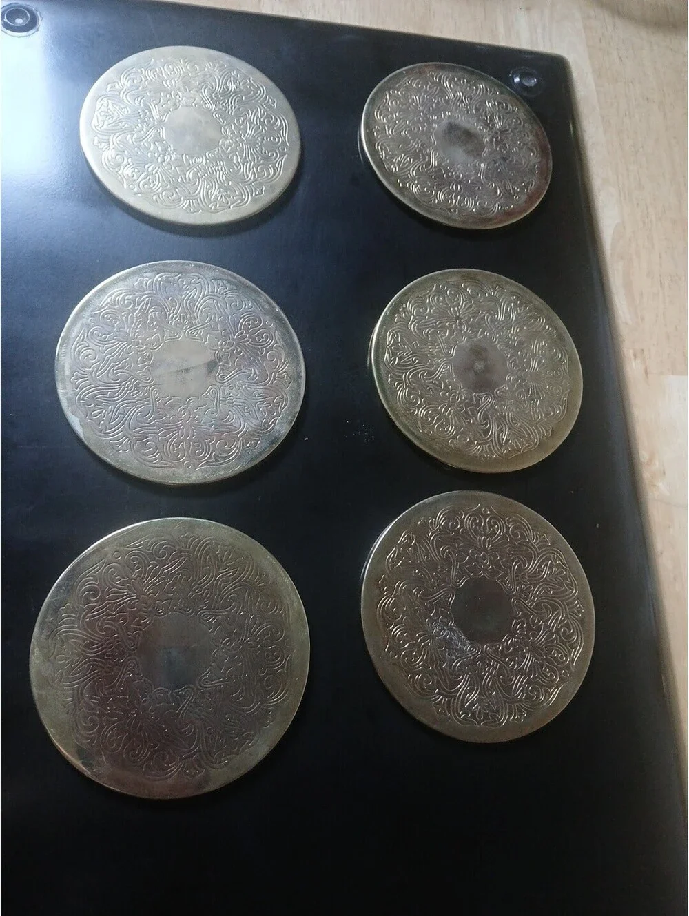 VTG Set of 6 Brass Plated Coasters with Holder Etched Scroll Design HK